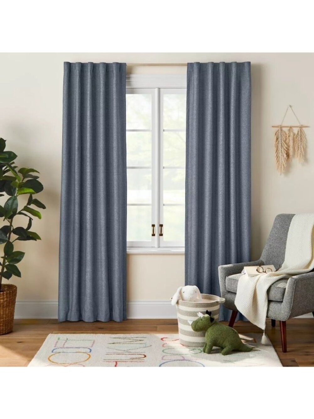 Pillowfort Navy Blue Chambray 100% Cotton Blackout Curtain Panel 42" x 84"
